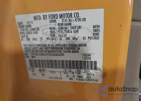2012 Ford Escape Hybrid из США, поврежденный, VIN 1FMCU4K31CKB22290